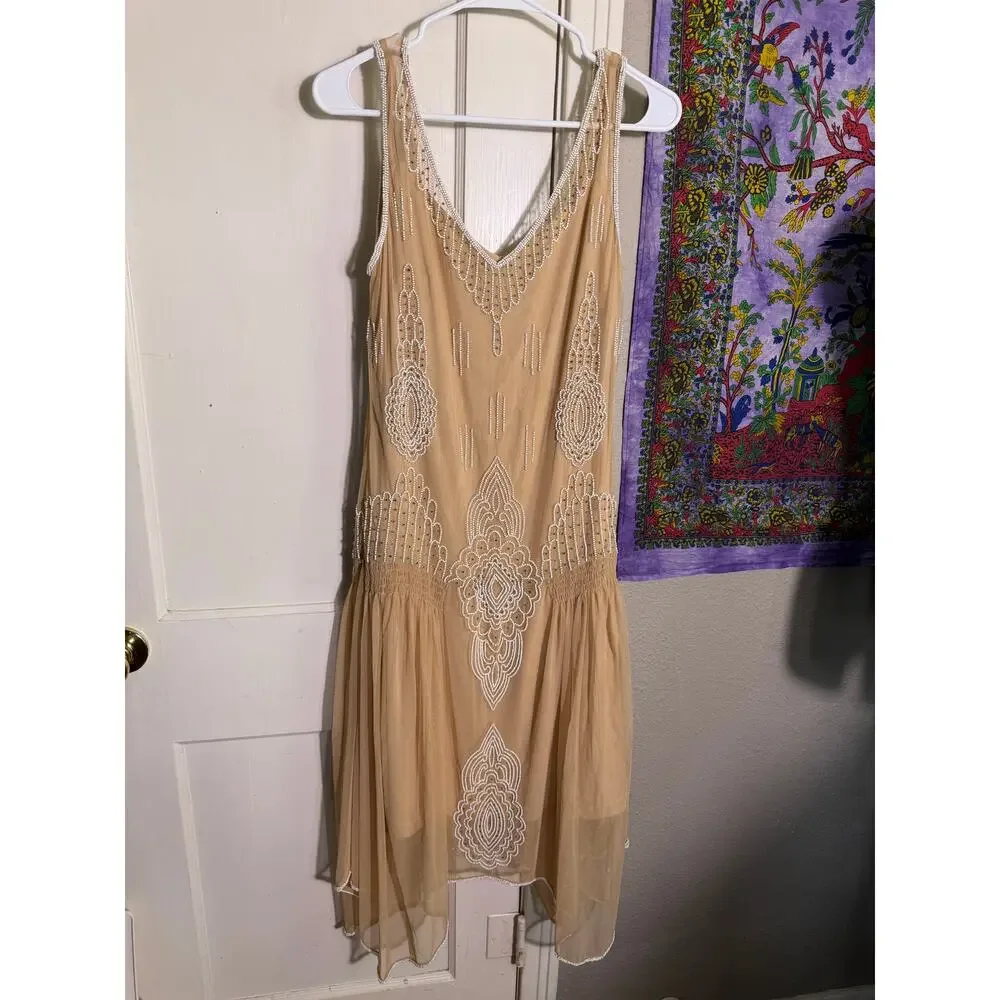 Together Beaded Midi Dress Nude Art Deco Gatsby 1920s Style Mesh Formal - Size 8